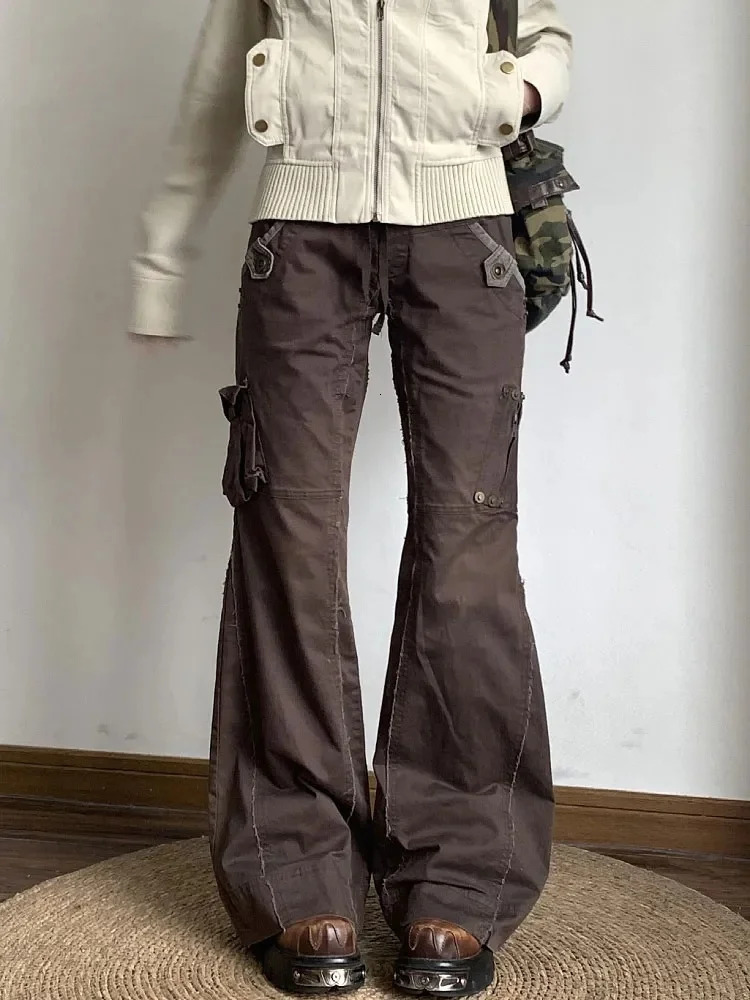 Hosen Y2K Fashion Brown Slim Stacked Flare Cargo Jeans Pants For Women Clothes Gothic Lady Trousers Ropa De Mujer 250320