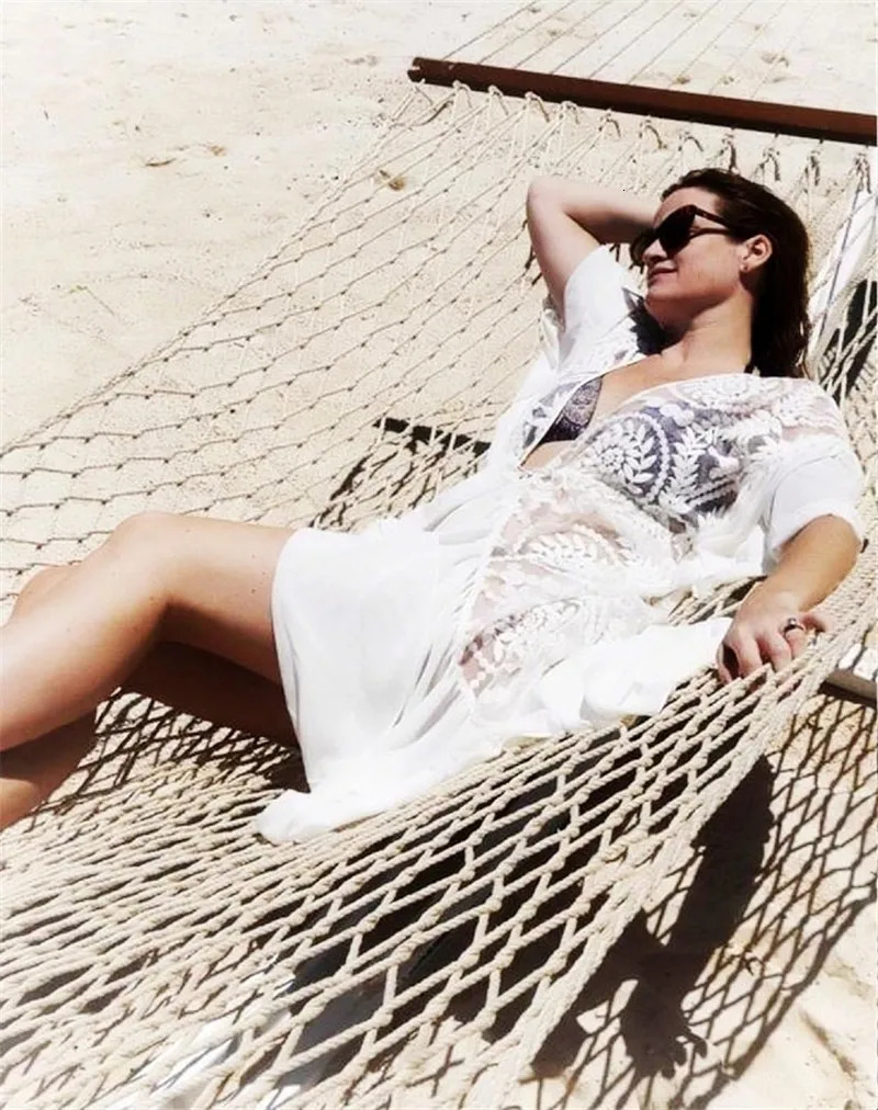 Fashion Patchwork Lace Bikini Cover Up See Through Swim Cardigan Over Size Holiday Wear Swim Ruffle Kaftan Beach Dresses 250320