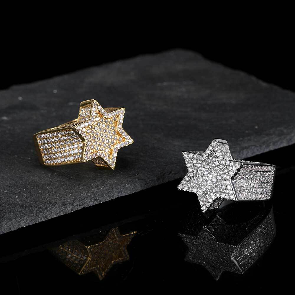 Hip Hop All Ice Ring Jewelry Womens Hexagonal Star Shaped Brass Cubic Zirconia Micro Paved CZ Stone Mens Ring