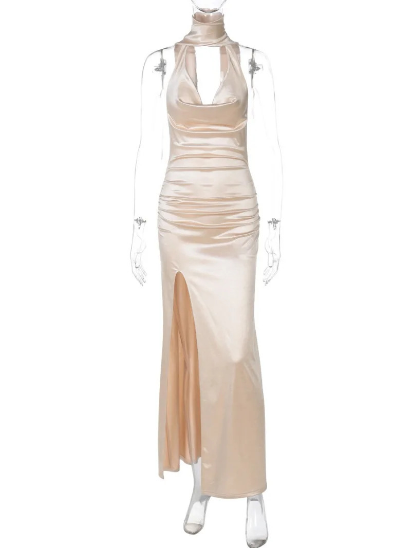 Fashionable and sexy deep Vneck bandage high seam long skirt womens sleeveless backless tuning satin evening dress party red 250320