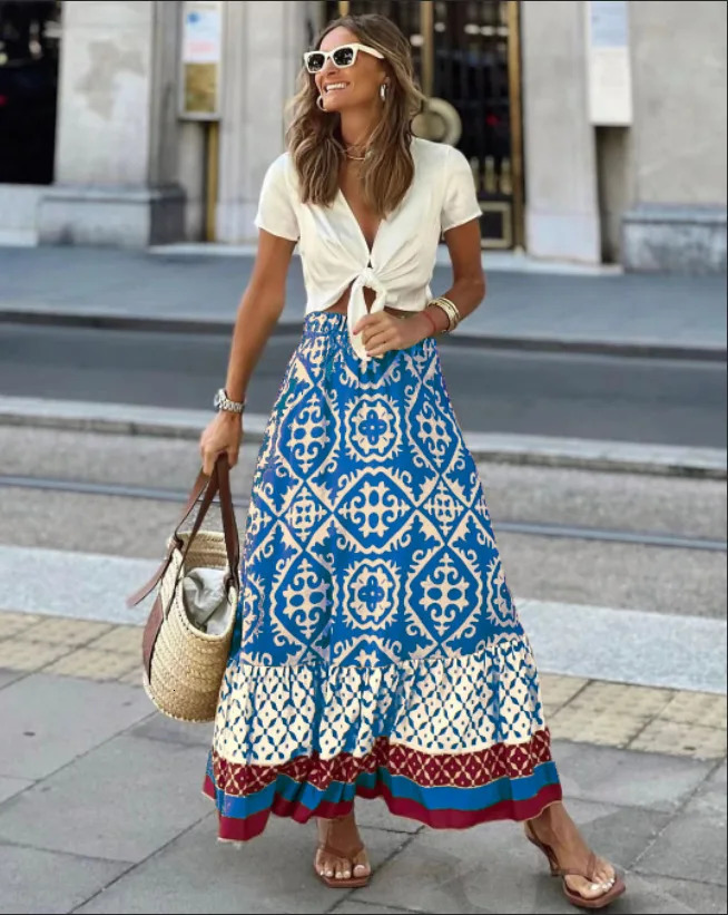 boho print maxi skirt women fashion high waist 3D printting long dress casual loose summer high waist skirts for women 250320