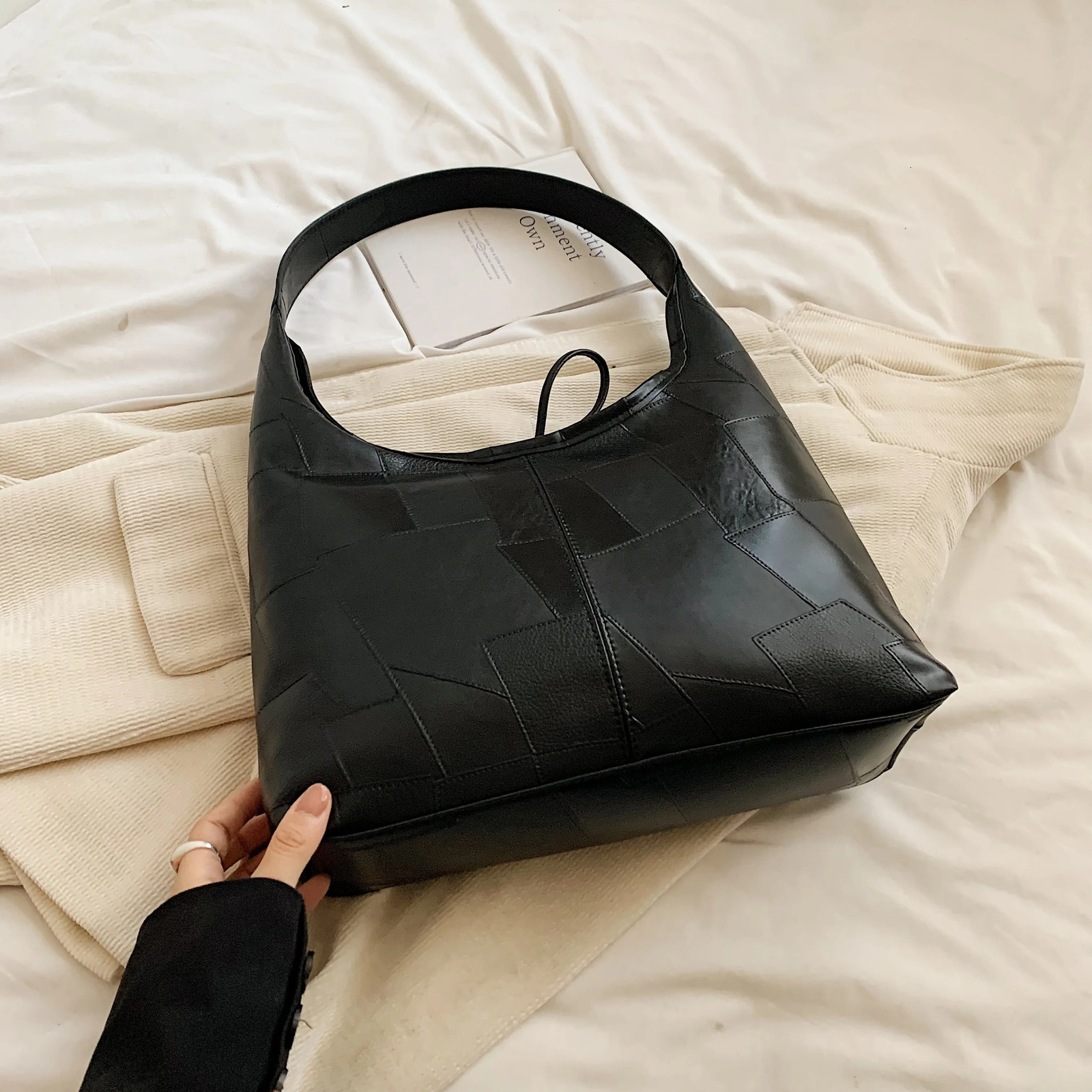 Large capacity solid color PU bow tie shoulder bag tote bag hand-held shopping bag suitable for girls women college student 250320