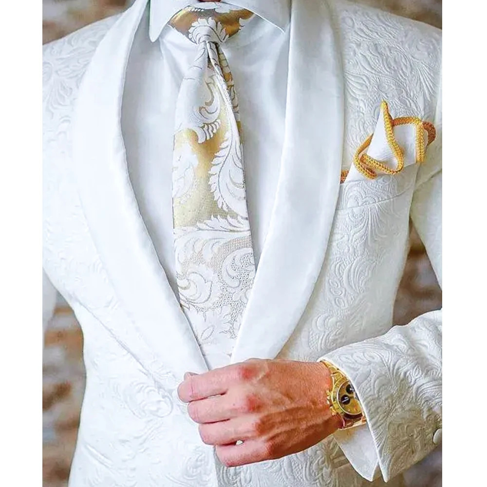 White jacquard wedding mens shawl lapel single corset 2piece set jacket pants elegant clothing 250311