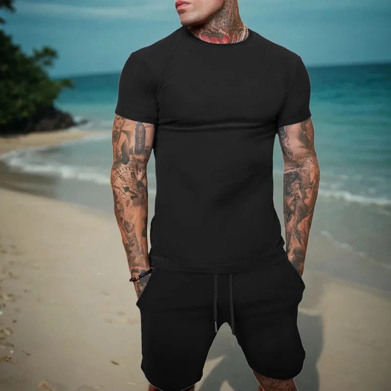 Mens sports suit mens two-piece sportswear short sleeved T-shirt and shorts set running and fitness sportswear summer 250320
