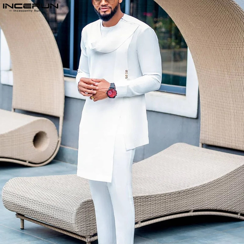 INCERUN Muslim Style Mens Long-sleeved T-shirts Trousers Suit Stylish Streetwear Male Knitted Suit 2 Pieces S-5XL 250320