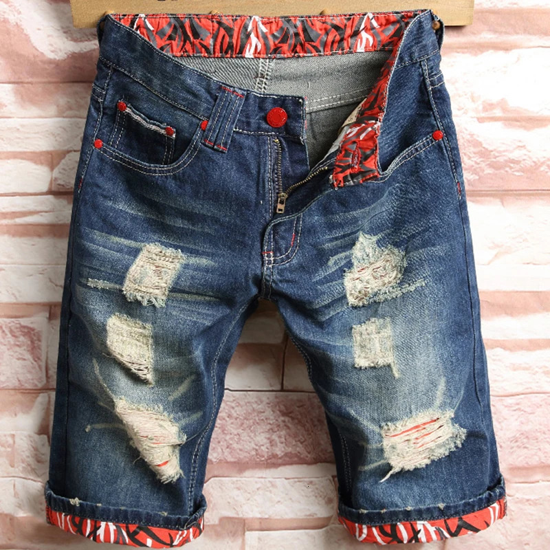 Fashionable mens five piece jeans no elastic holes loose patches fashionable jacket shorts 250312