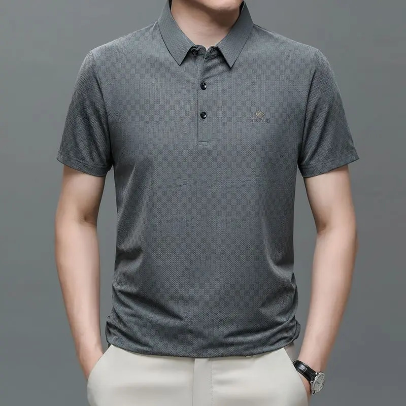 Genuine Ice Silk Mens Polo Shirt High-end Casual Anti--free Short-sleeved Business Half-sleeved Lapel T-shirt 250320