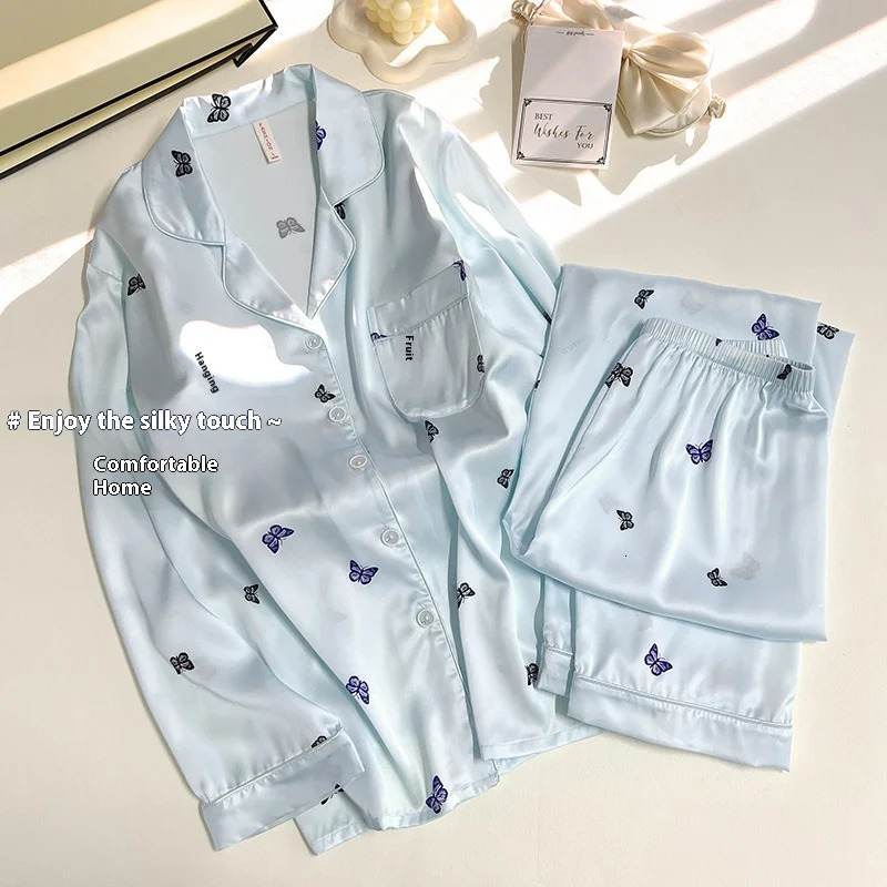 Spring and Autumn Ladies Ice Silk Pajamas Homewear Suit Women Long-Sleeved Small Butterfly Printing Pajamas Homewear Suit 250320