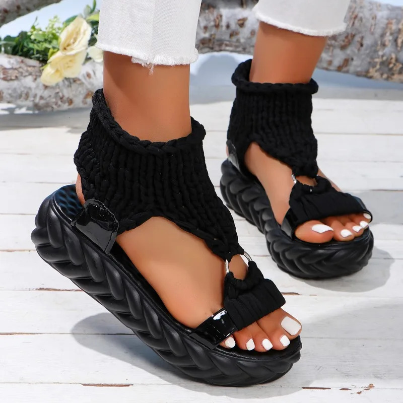 Fashion sandals summer round toe shallow mouth knitted metal trap foot anti slip and wearresistant flat midsole shoes 250321BJ - view 5