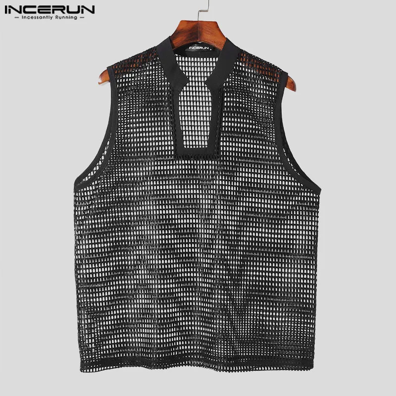 Mens Tank Top Solid Color Stand up Collar Sleeveless Hollow Mens Tank Top Transparent Street Clothing Mens Clothing INCERUN 250318