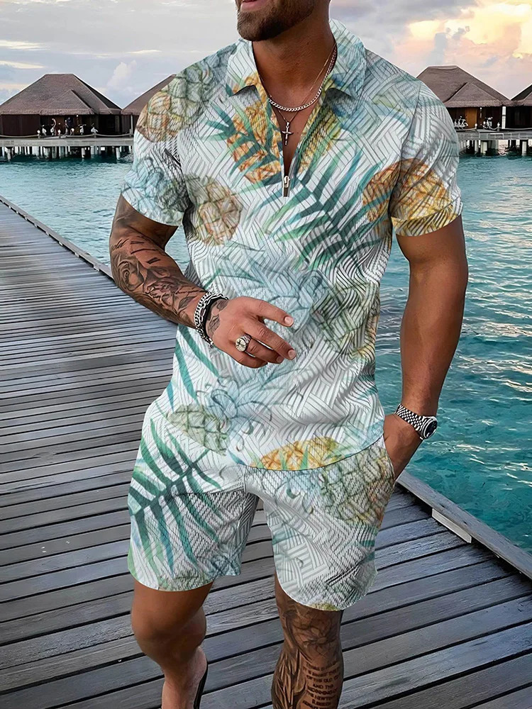 Summer Tropical Fruit 3D Printed Mens Zipper Collar Tracking Clothing Trend Polo Shirt Fashion Shorts 2-piece Set Mens Street Clothing Set 250318