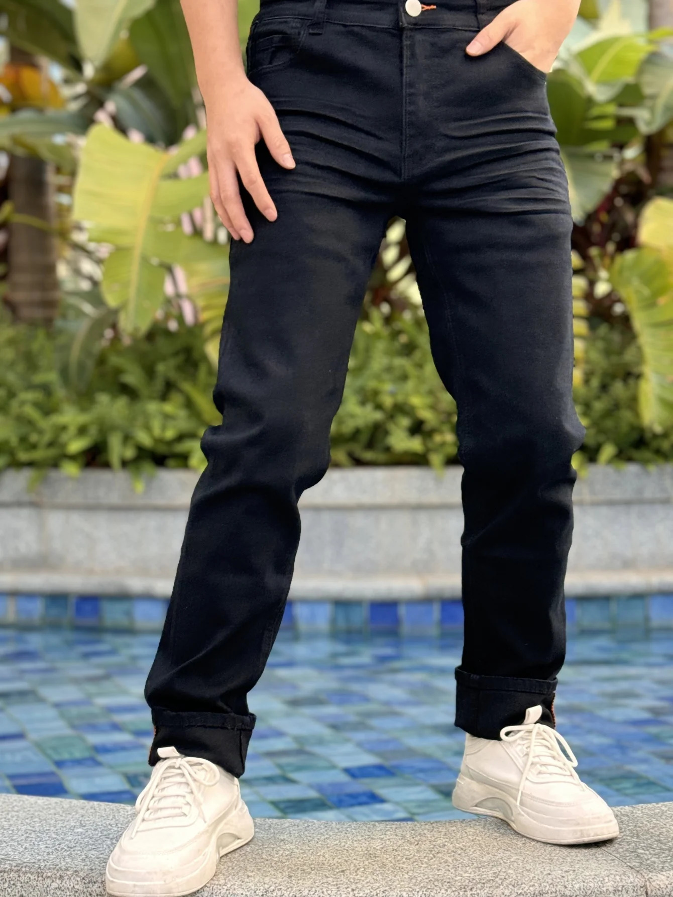 Y2K mens jeans series features a fashionable and casual street trend style with regular cut and black cotton blend fabric 250320