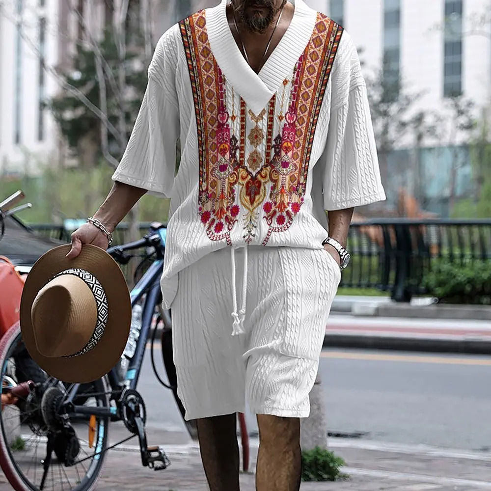 Spring/Summer Trendy European and American Casual Loose 7/4 Sleeve Jacquard Knitwear Top Shorts Mens Set 250320