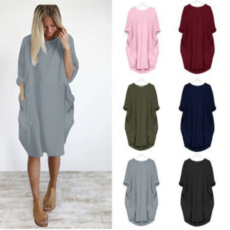 Summer Leisure Trend Womens Pocket ONeck Oversized Tshirt Solid Multi Color Loose Pajama Straight Skirt 250320