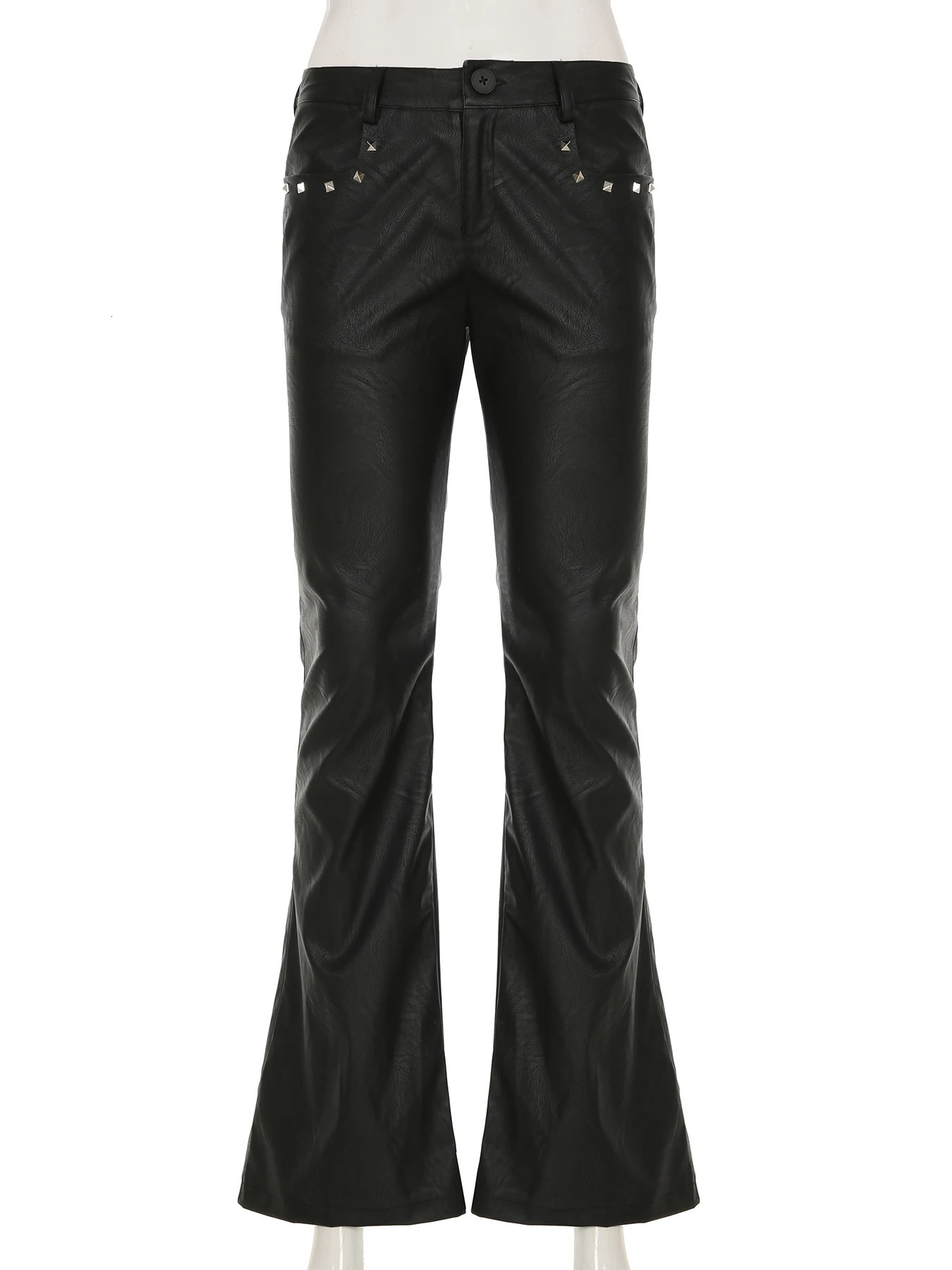 IAMSURE Punk Style Rivet Pu Leather Flare Pants Gothic Ultra Thin Solid Low Waist SpringSummer 2025 Womens Wear 250320