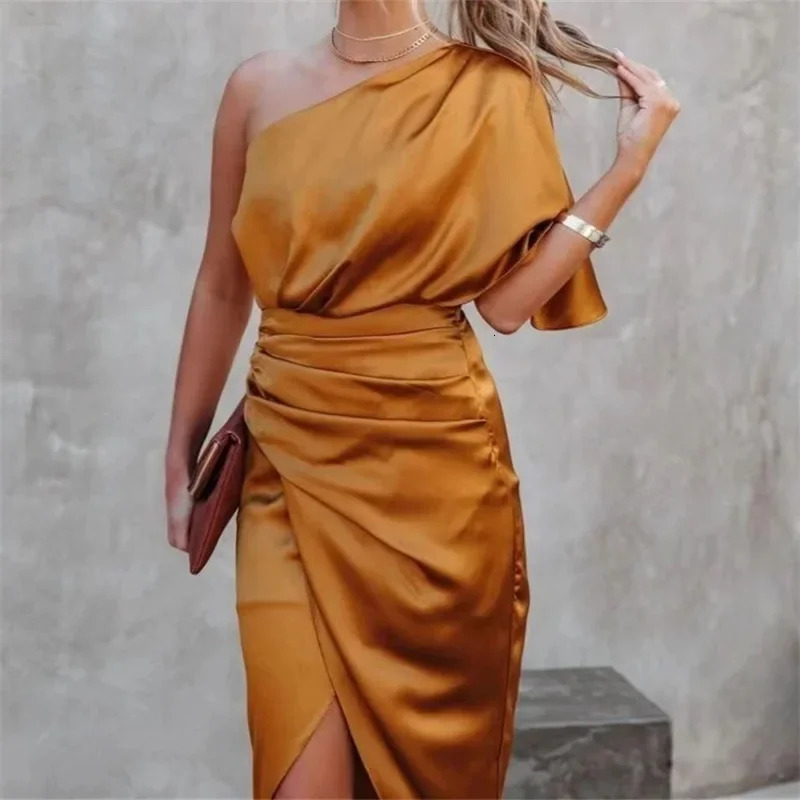 Elegant Highend Feel Womens Evening Dress Solid Color Irregular Midwaist Crossbody For Party Open Behavior 250320