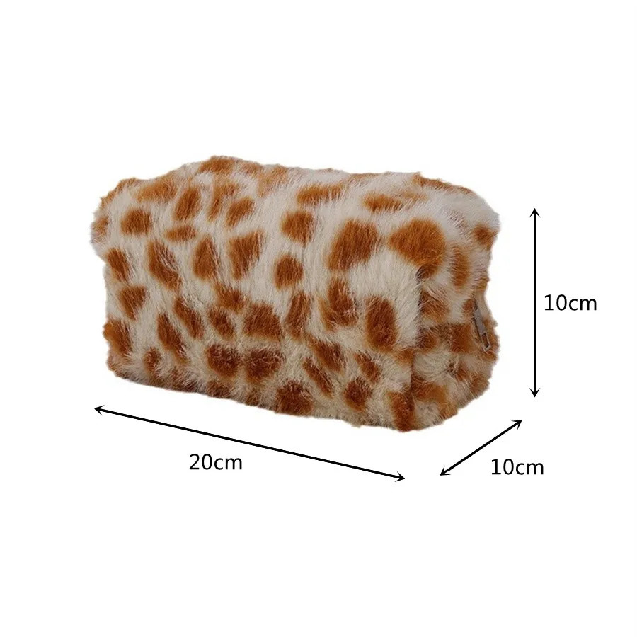 Leopard soft plush travel cosmetics lipstick brush storage bag toilet kit womens makeup handbag organizer bag pencil case 250320