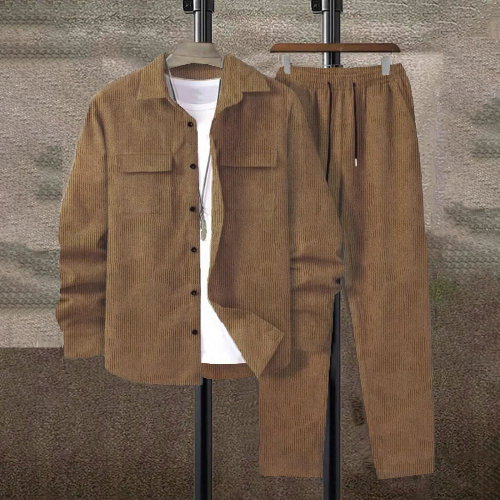 Mens solid color corduroy set long sleeved shirt and pants casual set 250320
