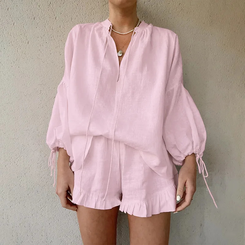 White V-neck Long Sleeve Lace Up Blouse Shorts Sets Women Lace Up Shirt Elastic Waist Shorts Suit Summer Casual Vacation Outfits 250320
