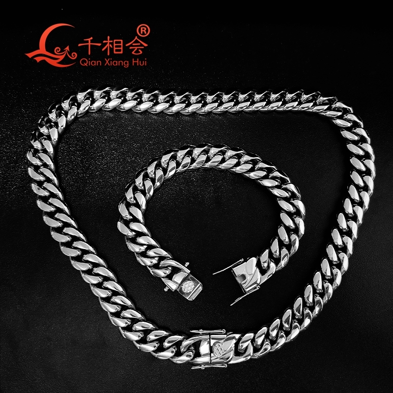 14mm Bracelet Punk Heavy boy Polished S925 silver hip hop Men Curb Cuban Link Chain Or Choker Jewelry Smooth surface