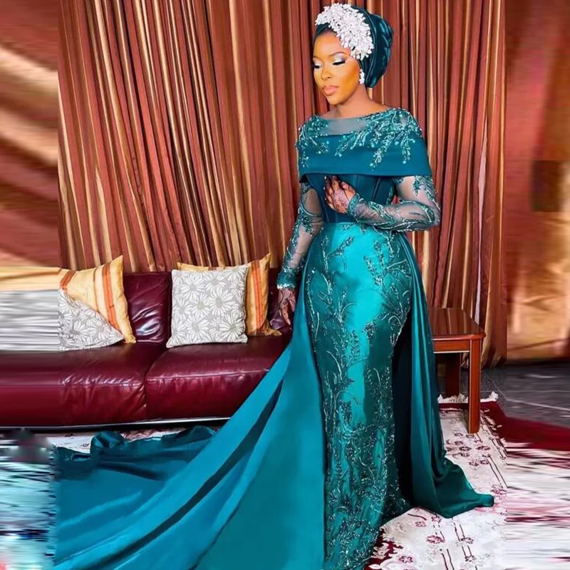 Elegant Aso Ebi Lace Mermaid Evening Dresses Appliques Beaded Pearls Long Sleeves Reception Formal Party Gowns Arabic African Prom Dress With Detachab