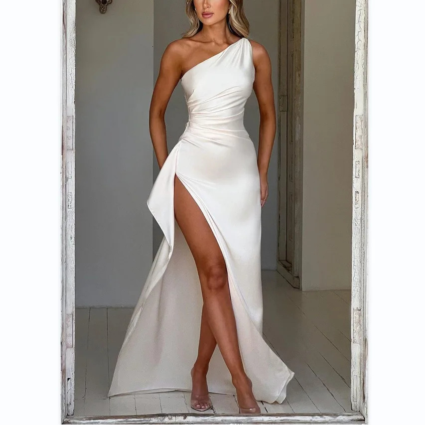 Summer One Shoulder Maxi Dresses Sexy Women Backless High Split Evening Party Club Bodycon Casual Satin Sleeveless Vestidos 250320