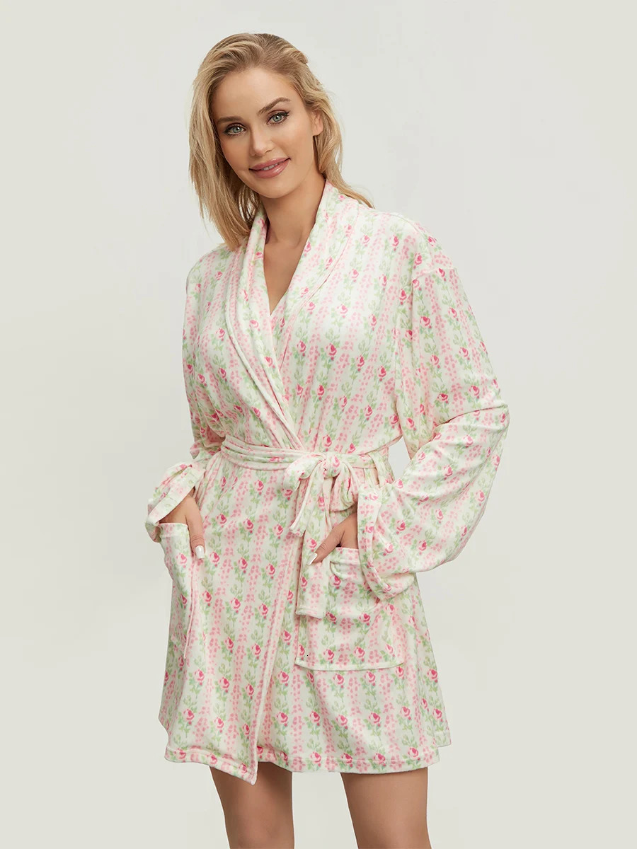 Womens elegant printed long sleeved waistband robe with a lapel and convenient pockets suitable for spring autumn nights 250320