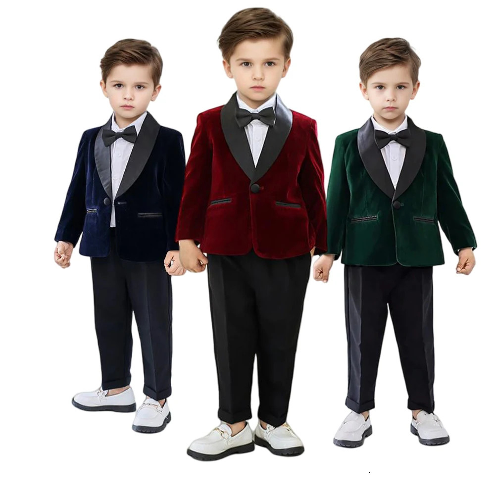 Boys Formal Velvet Suit Set Child Birthday Dress Wedding Party Pography Piano Recital Costume Kids Blazer Pants Bowtie Outfit 250320