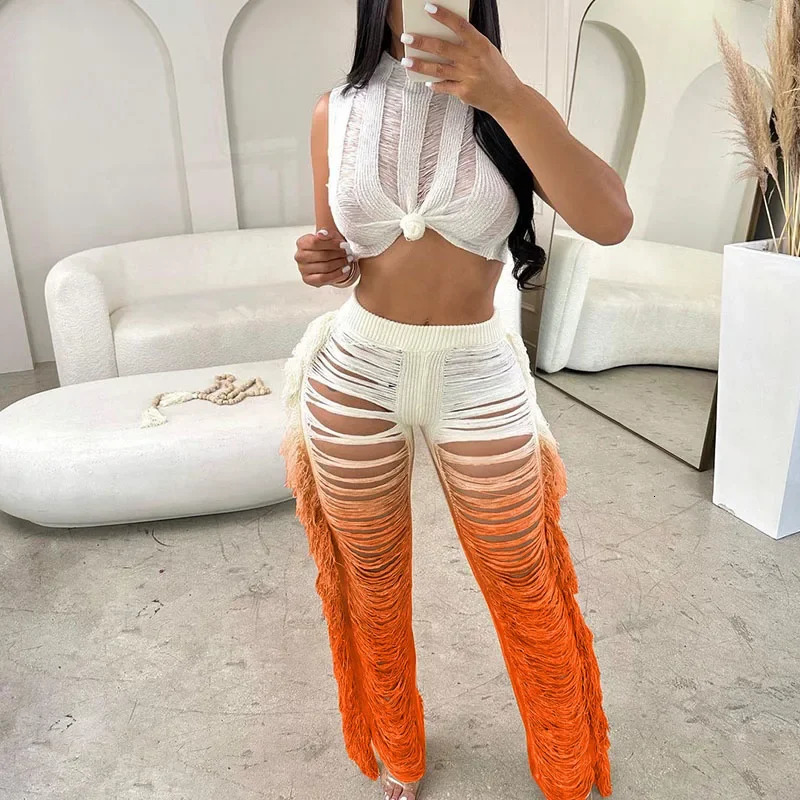 Gradient Color Crochet Two Piece Set for Women Summer Beach Crop Top and Wide Leg Pants Tassel Hollow Out Hole Vacation Outfits 250320