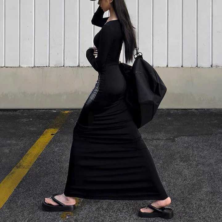 Autumn New Style Square Neck Hoodie Long Sleeve High Waist Bag Hip Tail Dress for Women 250315