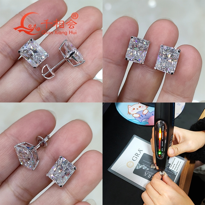 8*10mm radiant shape 925 silver white color D VVS moissanite stone ear stud Earring gift dating women wedding