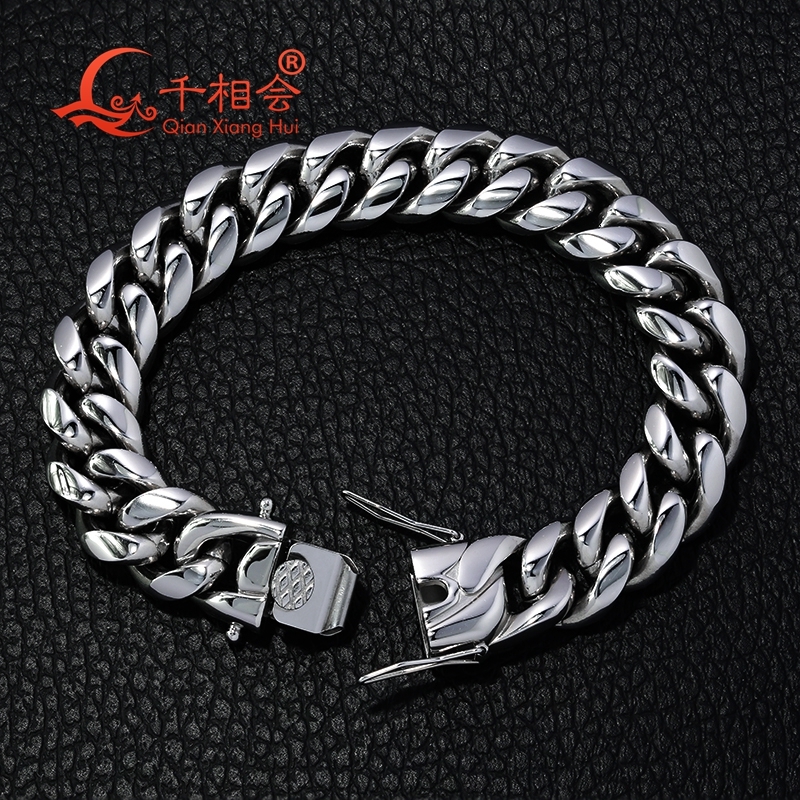 14mm Bracelet Punk Heavy boy Polished S925 silver hip hop Men Curb Cuban Link Chain Or Choker Jewelry Smooth surface