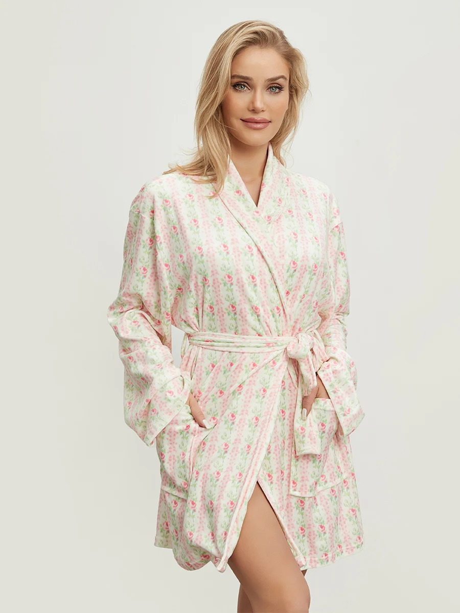 Womens elegant printed long sleeved waistband robe with a lapel and convenient pockets suitable for spring autumn nights 250320