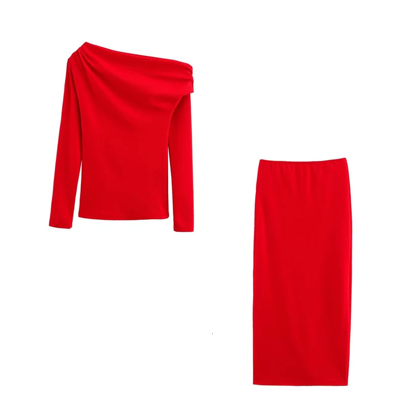 Womens Elegant Skirt Set Asymmetric Long Sleeve Top Midi Tight Skirt Spring 2025 Simple Casual Womens Set 250320