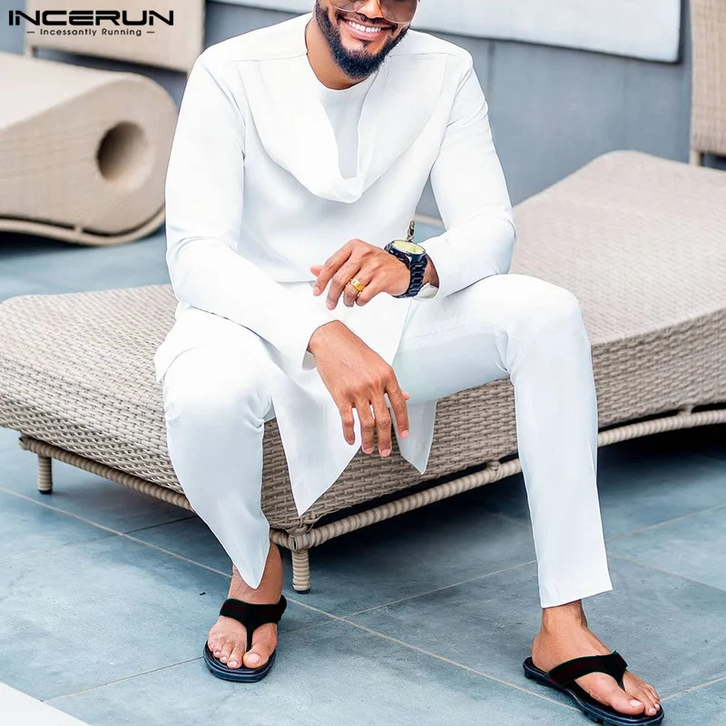 INCERUN Muslim Style Mens Long-sleeved T-shirts Trousers Suit Stylish Streetwear Male Knitted Suit 2 Pieces S-5XL 250320
