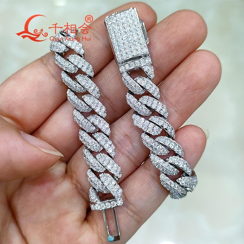 Half Moon Shaped Bracelet 10mm S925 Sterling Silver Cuban Chain with Moissanite Diamond Hip Hop Style Miami Cuban Link Chain