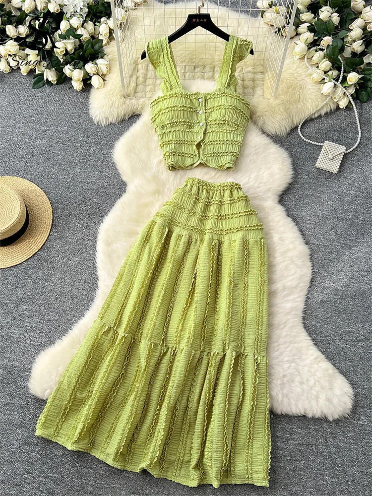 SINGREINY Casual Beach Style 2pcs Suits Single Breasted Mini CamisoleElastic Waist A Line Fold Slim Skirt Gentle Women Sets 250320