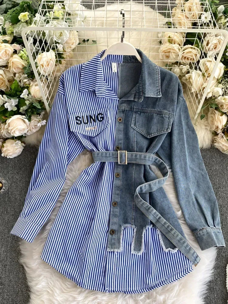 Spring and Autumn Womens Denim Shirt Color Comparison Patch Work Lace Top Display Thin Version Top Fashion GD596 250317