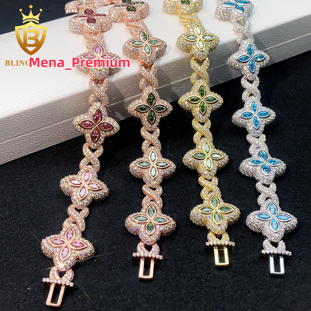 Factory wholesale new arrivals Hot selling S925 silver full set moissanite clover Cuban chain hip-hop bracelet Morganite VVS luxury men's necklac