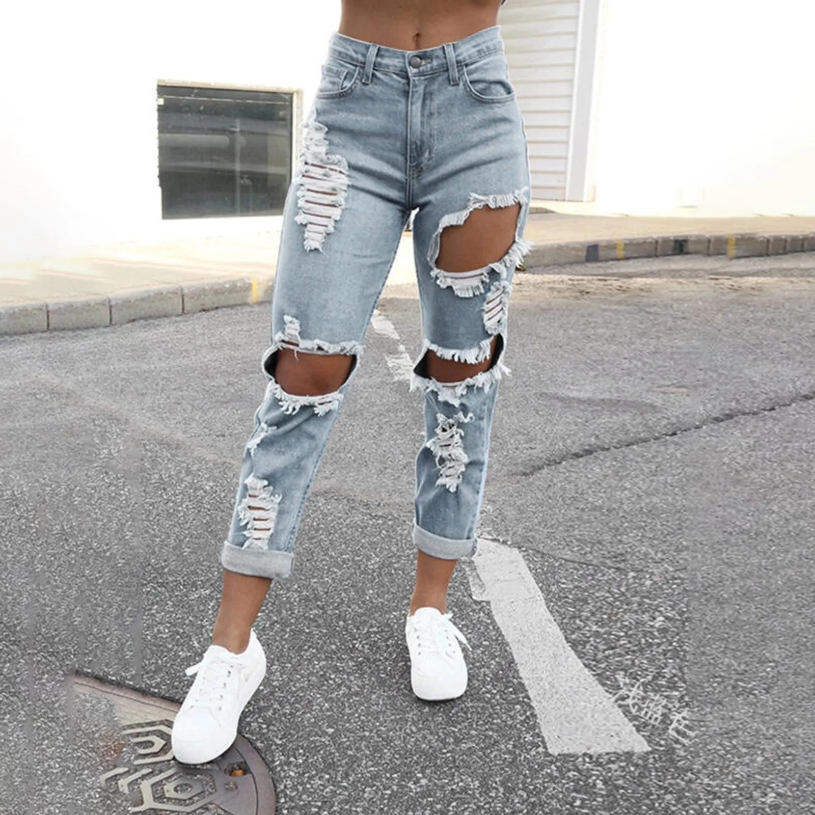 Hole Denim Womens Jeans Buttocks Ripped Jeans Street Style Vertical Tube Denim Pants Frayed Tassel Ripped Jeans Japanese 250320
