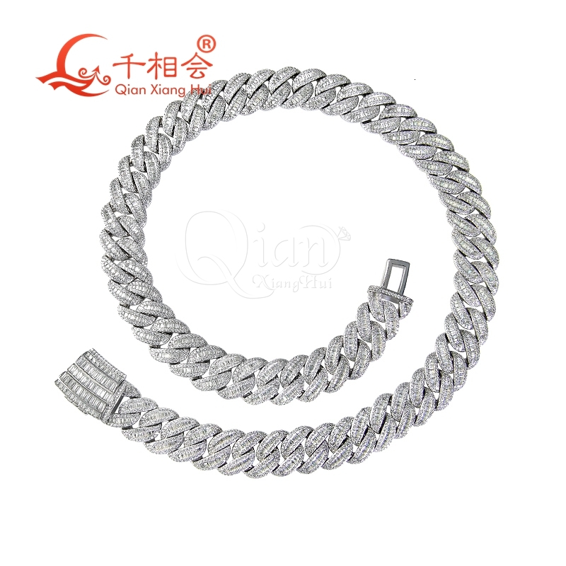 S925 Silver Necklace with 15mm Baguette Half Moon Cuban Link White Moissanite Iced out Hip Hop Chain Jewelry for Women And Men