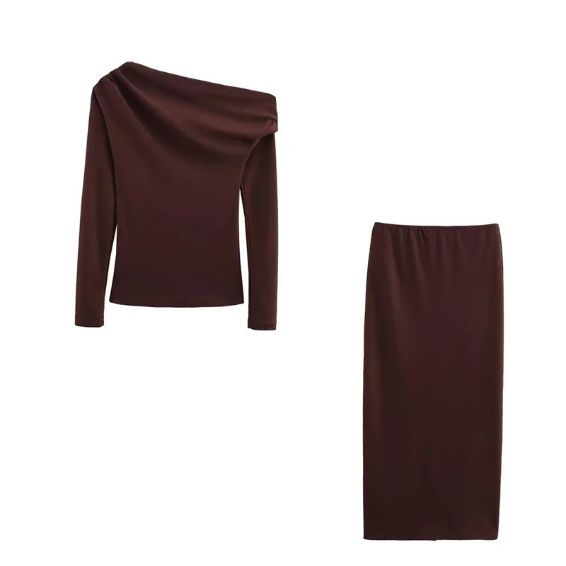 Womens Elegant Skirt Set Asymmetric Long Sleeve Top Midi Tight Skirt Spring 2025 Simple Casual Womens Set 250320
