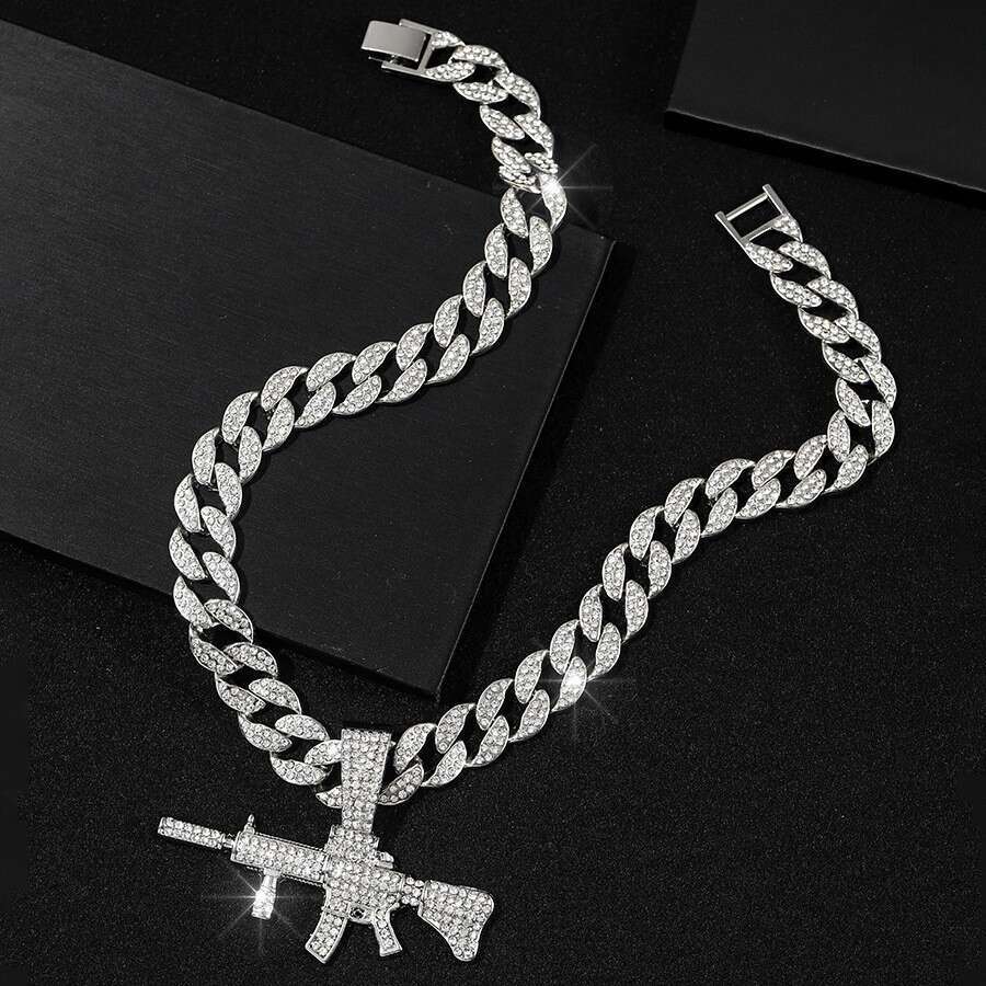Alloy studded gun sexy nightclub accessory necklace, personalized full dia Cuban chain pendant, hip-hop