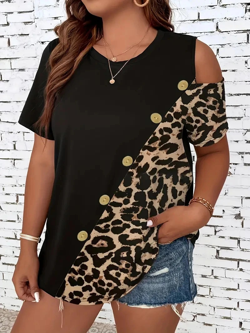 Plus Size Leopard Print Button Decor T-Shirt Casual Cold Shoulder Short Sleeve Top For Spring Summer Womens Plus Size Cloth 250320