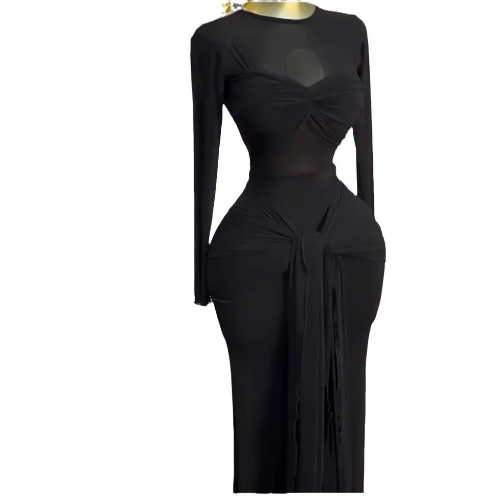 CMYAYA Women Mesh See Though Long Sleeve Maxi Bowknot Dress Evening Sexy Club Party High Street Dresses 250317