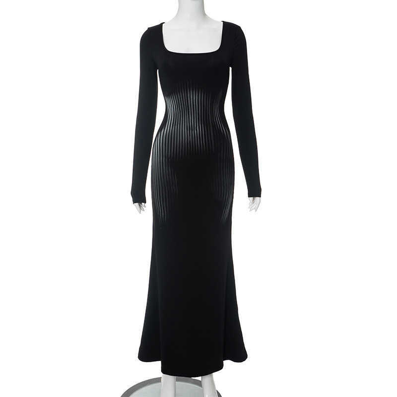 Autumn New Style Square Neck Hoodie Long Sleeve High Waist Bag Hip Tail Dress for Women 250315