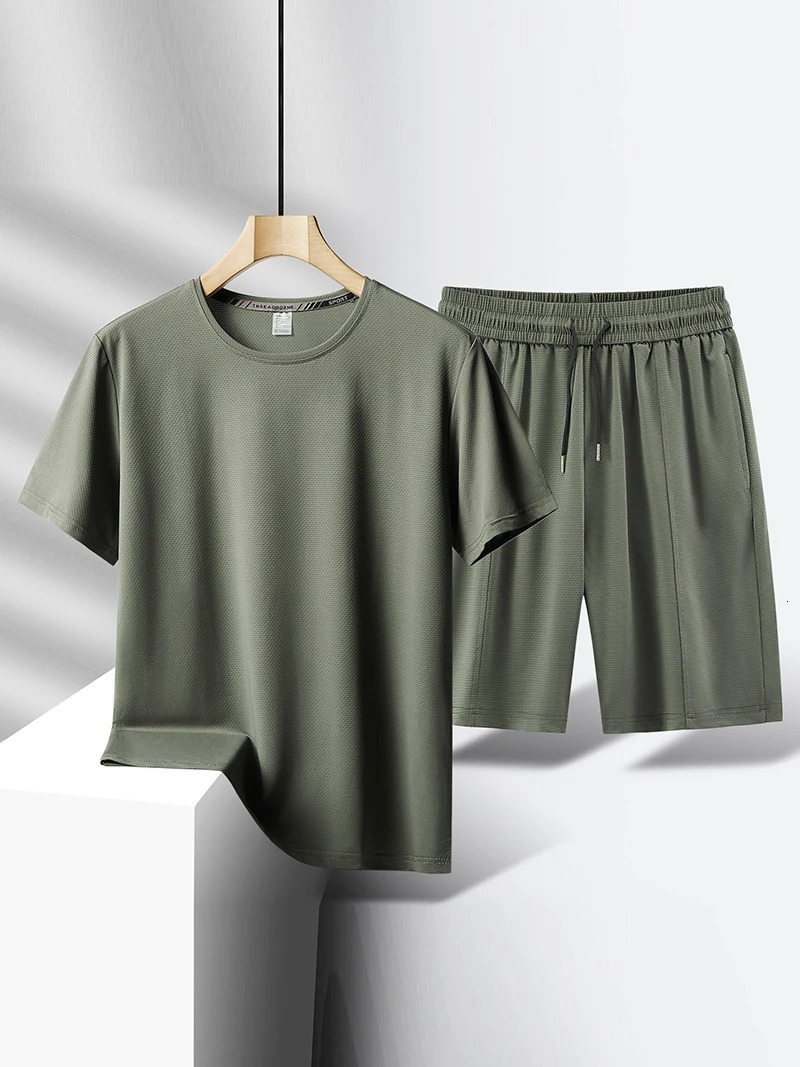 2 Piece Set Gym Clothes Men Summer Workout Tracksuit Quick Dry Breathable Cooling Short Sleeve Training Clothes Fitness Running 250320