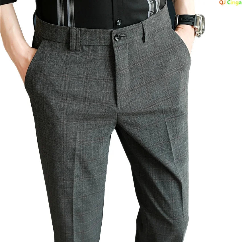 Dark Gray Mens Plaid Suit Pants Fashion Slim Streaks Trousers Korean Navy Blue Pantalones Hombre 28-3233343638 Male Pant 250320