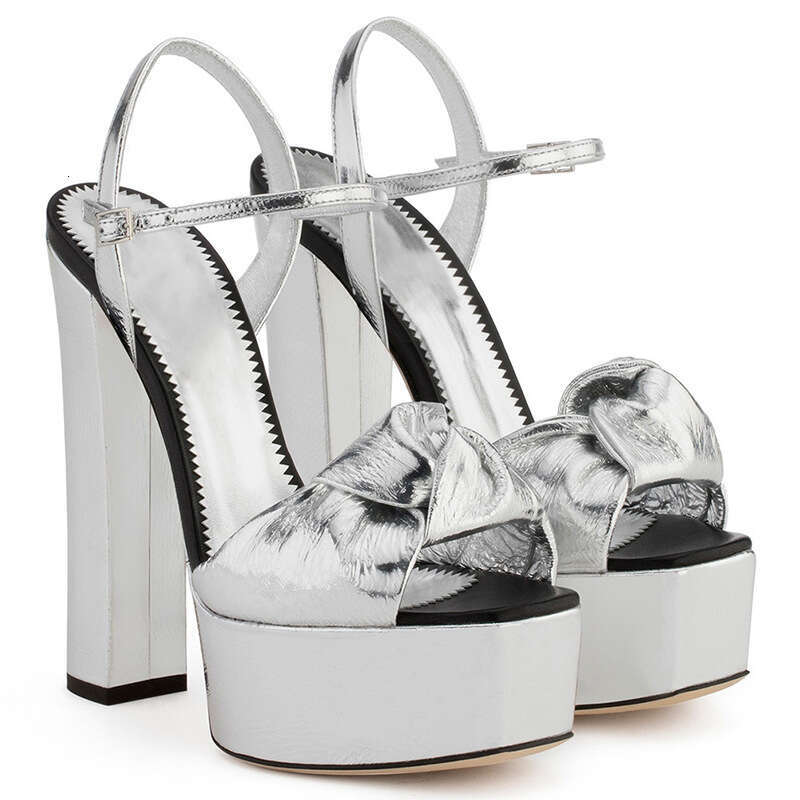 Stylish Gold Platform Sandals Fashion Round Open Toe Knotted Chunky Heeled Shoes Women Summer Party Gown Buckle Strap High Heels