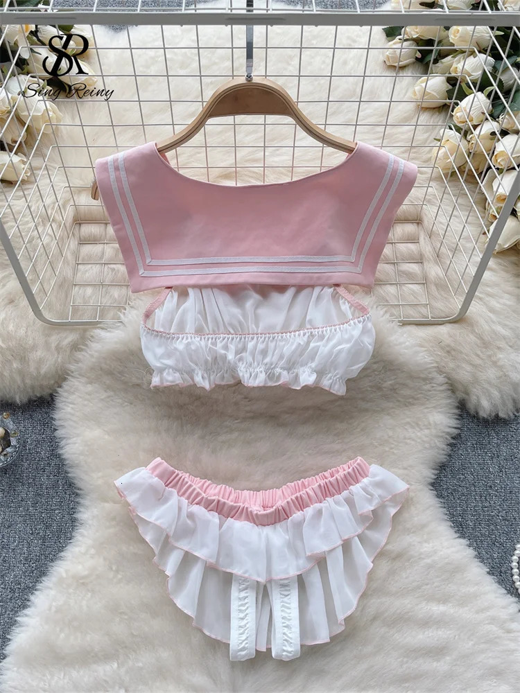 SINGREINY Bow Sheer Japan Style Erotic Suits Lingerie Women Navy Collar Sleeveless TopsChiffon Briefs Sweet Sexy Underwear Sets 250320